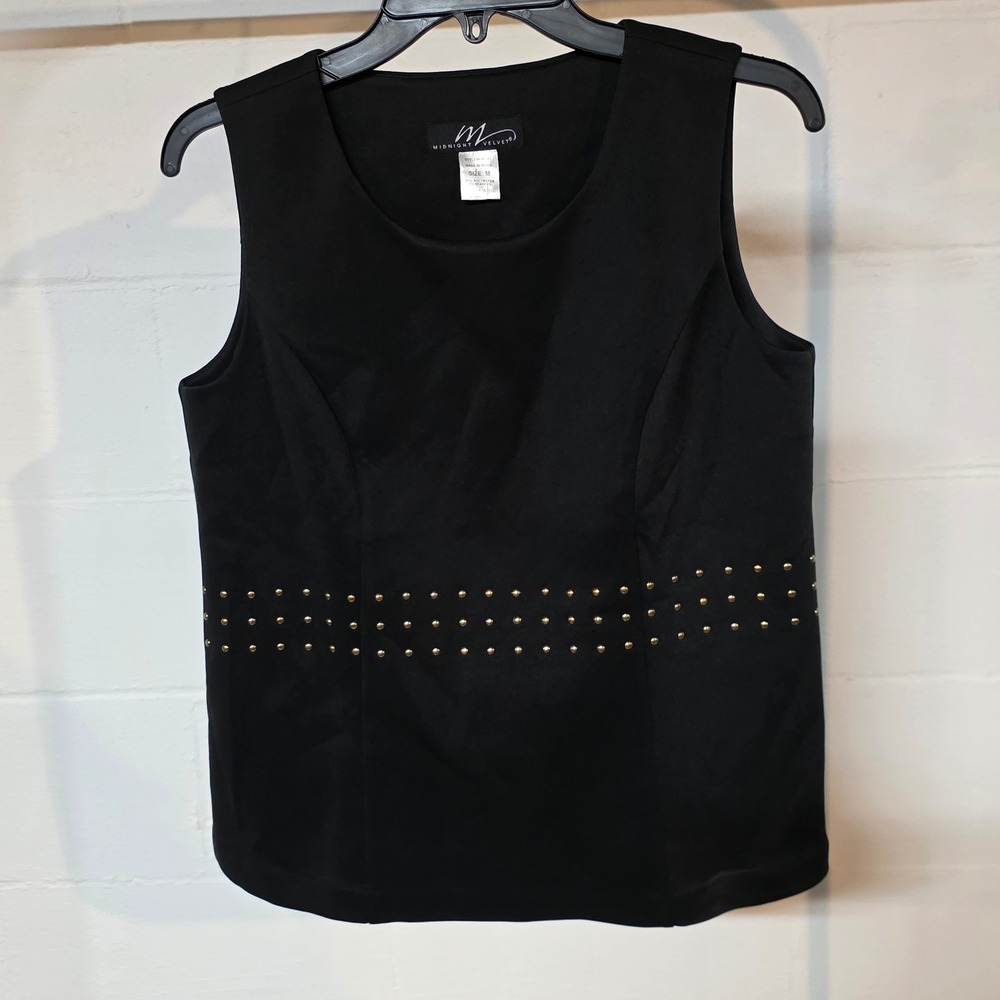 Vintage Midnight Velvet Women M Black Studded Sleeveless Shell Top Gold Accents